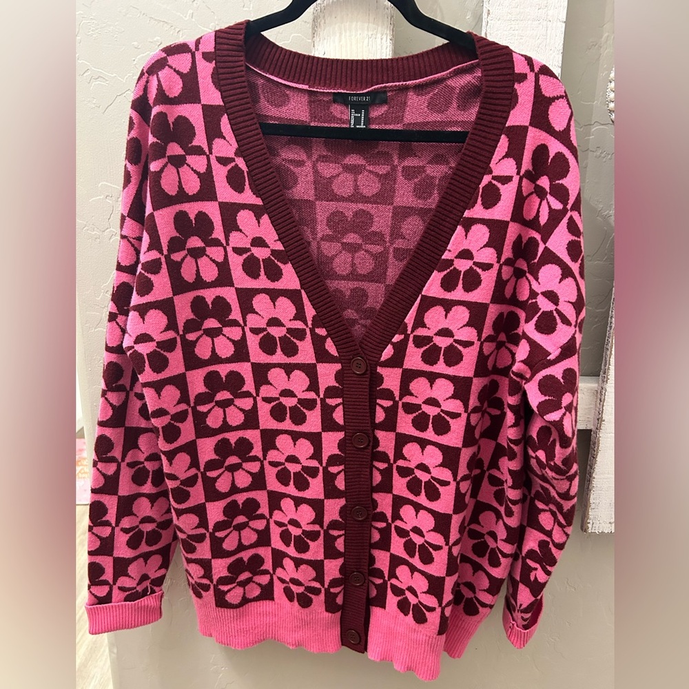 Forever 21 Pink and Burgundy Floral Cardigan